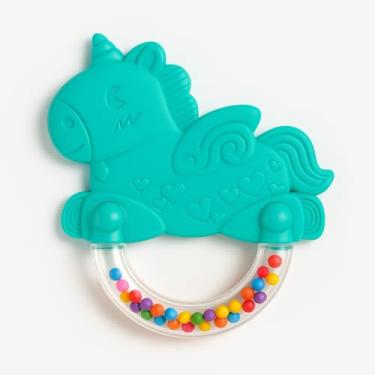 Imagem de Mordedor para Bebê com Chocalho Bolinhas Coloridas Brinquedo Crianças Estímulo Sensorial Livre de BPA Pegada Ergonômica A partir de 3 Meses (UnicórnioTurquesa)