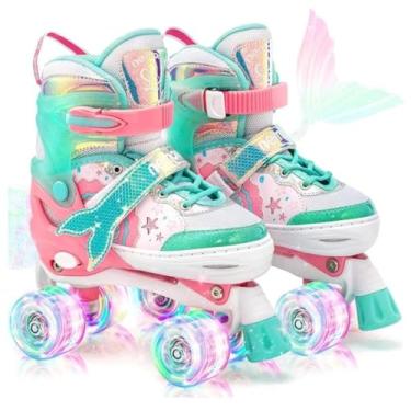 Imagem de Patins 4 Rodas Infantil com Luzes LED, Ajustável, Design moderno, Rodas de Poliuretano, para Iniciantes, Unisex (Sereia Verde, G - 36 a 39)