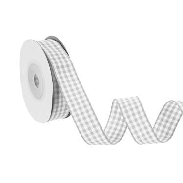 Imagem de PATIKIL Fita guingão de 10 jardas x 1,5 cm, fita xadrez de nylon quadriculada para presente para grinalda de laço de ação de graças, artesanato, aniversário, casamento, cinza