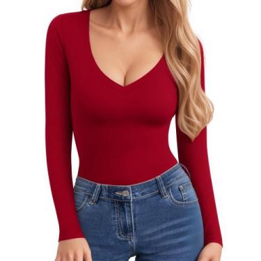 Imagem de Camisa de manga comprida CLOZOZ para mulheres com decote em V, camiset
