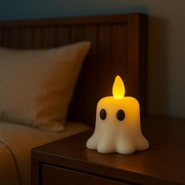Imagem de Luminária Fantasma Decorativa, ABS Biodegradável, LED Incluso, 6,5 x 7,0 cm, Branco, Porta Vela para Decoração de Quarto e Ambientes Temáticos