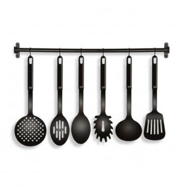 Imagem de Conjunto de Utensílios de Cozinha com Suporte, 6 Peças, Preto, Colher, Escumadeira, Concha, Colher de Arroz, Espátula, Pegador de Macarrão.