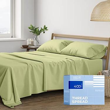 Imagem de THREAD SPREAD Conjuntos de lençóis de algodão tamanho casal - 400 fios 4 peças 100% algodão, lençol casal com bolso profundo de 40,6 cm, macio, cetim refrescante conjunto de lençóis de hotel de luxo