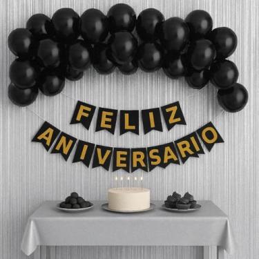 Imagem de Kit Feliz Aniversário Completo - Decoração com Balão Metalizado Número, Faixa, Cortina de Balões e Fita 5m para Festa de Aniversário Infantil e Adulto(Prata e Preto)