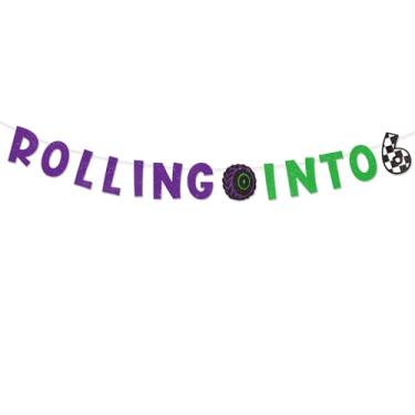 Imagem de SAVITA Rolling Into Birthday Banner, Grinalda Carro Corrida Roxa & Verde com Glitter Decorações Festa de Corrida Legais Montagem DIY Grinalda para Meninos Tema Caminhão Festa (Número 6 Quadriculado)