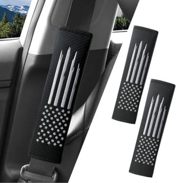 Imagem de JDDRY 2 peças capas de cinto de segurança de carro, almofadas de alça de assento, almofada de cinto de segurança de carro bandeira dos EUA, acessórios interiores de carro de couro de fibra de carbono