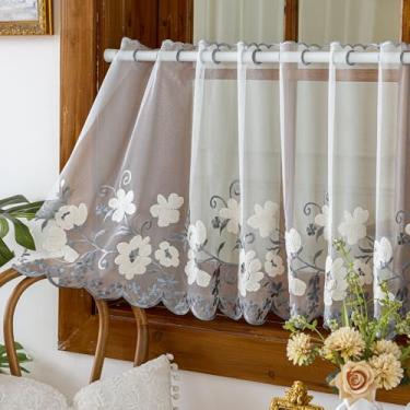 Imagem de VOGOL Elegante saia de renda transparente cinza, padrão floral, cortina de camada curta para cozinha, cobertura de janela vintage de casa de fazenda para sala de estar, sala de jantar, L 149 x C60, 1
