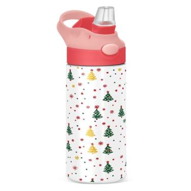 Imagem de YETTASBIN Garrafa de água de árvore de Natal para crianças, 340 g, à prova de vazamento, parede dupla, isolada, copo de viagem com tampa de canudo para meninas, meninos e crianças