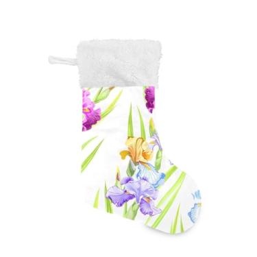 Imagem de Wassud Meia de Natal fofa com punho branco flores de íris coloridas 45,7 cm grande para decoração de lareira de lareira 1 pacote