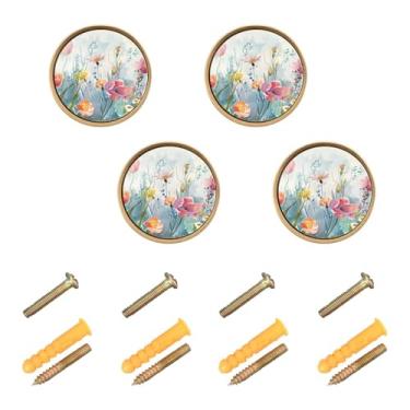 Imagem de Burbuja Maçanetas de armário de cozinha Meadow Flowers pacote com 4, puxadores redondos de 3,5 cm, puxadores de cômoda com parafusos para armários de cozinha, quarto, armário