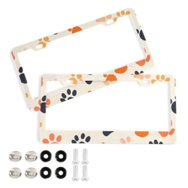 Imagem de CEBUGI Pacote com 2 molduras de placa de carro de alumínio capas de moldura de placa de carro com 2 furos pegadas de animais acessórios automotivos para placas dianteiras e traseiras orifício elíptico