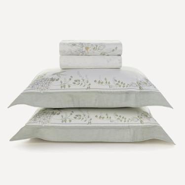 Imagem de Jogo de Lençol Queen Karsten Percal 300 Fios 100% Algodão Egípcio Estampado Cama Dobra Feita 4 Peças (Laura - Verde Flores)
