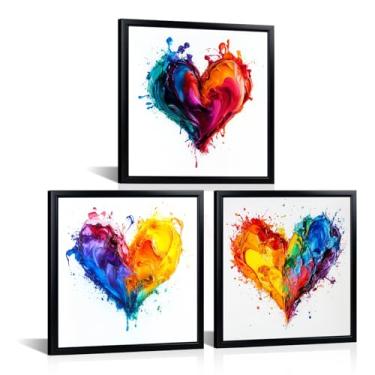 Imagem de Kalormore Conjunto moderno de arte de parede em tela abstrata com imagens coloridas de coração de 3 peças, pintura vibrante em moldura preta para sala de estar, quarto, escritório, fácil de pendurar