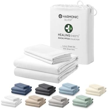 Imagem de HARMONIC SILVER Coleção Eucalyptus Lençol King Size Split Top c/ Íons de Prata | 100% Tencel | Ultra Macio | Refrigerante para Dormir Quente | Bolso profundo de 45,7 cm [Branco]