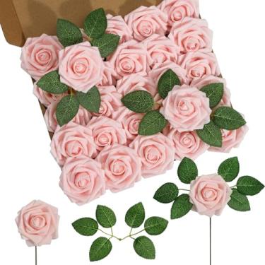 Imagem de DuHouse 50 peças de rosas artificiais, flores falsas com caules, flores de espuma de toque real para buquê de casamento, peça central, arranjo floral, festa, decoração de casa (blush)