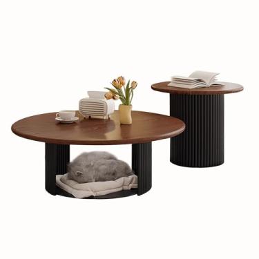 Imagem de Conjunto de 2 mesas de centro redondas de madeira com moldura de metal carbono resistente, mesa lateral de sofá, para sala de estar, quarto, escritório, varanda, madeira natural (cor de madeira de