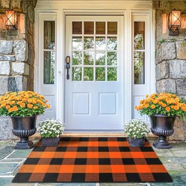 Imagem de LBRO2M Tapete xadrez Buffalo para ambientes externos, 69,8 cm x 109,2 cm, para entrada de casa, lavável na máquina, à prova d'água (laranja preto)