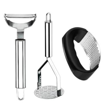 Imagem de Kit 4 Peças Descascador de Legumes Amassador de Batatas Espremedor de Limão e Alho em Aço Inox(3 PEÇAS)