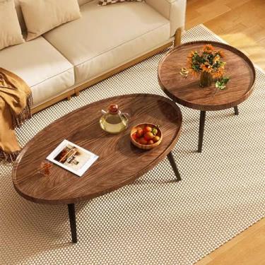 Imagem de Conjunto de 2 mesas de centro redondas industriais para sala de estar, mesa lateral para sala de estar, mesa de centro de madeira, mesas laterais empilháveis, mesa lateral de sofá