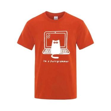 Imagem de Camiseta Masculina Divertida Com Estampa De Gato Programador, Algodão,