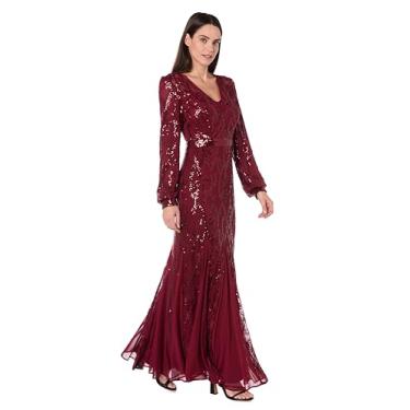 Imagem de R&M Richards Vestido feminino longo de malha de lantejoulas com decote em V, mangas blusão e inserções Godet - vestido formal para noite coquetel, Merlot, 58