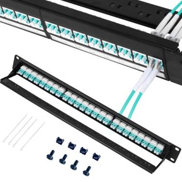 Imagem de Xunsomten Patch Panel de fibra 1U com 24 LC OS2 adaptadores de fibra óptica monomodo acopladores Keystone Jack modular com Keystone branco em linha, conectores de modo único para racks padrão de 48.3