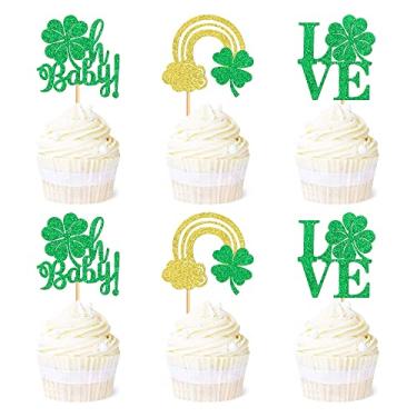 Imagem de Ercadio Pacote com 24 topos de cupcake de Dia de São Patrício Lucky Four Leaf Oh Baby Love and Rainbow Cupcake Toppers com quatro folhas para festa de chá de bebê de São Patrício, decoração de