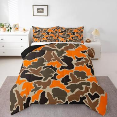 Imagem de Feelyou Conjunto de edredom solteiro com estampa de caçador de pato e camuflagem laranja, preto e marrom, para meninos, adolescentes, estilo camuflado, respirável, selvagem, conjunto de edredom para