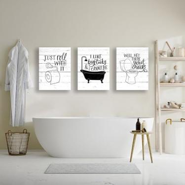 Imagem de 3 Pieces Funny Bathroom Canvas Wall Art Bathroom Quotes on Retro Wood Style Artwork Black and White Toilet Bathtub Bath Set Poster Print for Restroom Farmhouse Bath Bathroom Decor