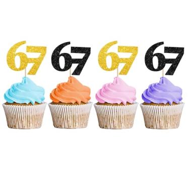 Imagem de 24pcs Engraçado 6 7 Cupcake Toppers, I Was 6 Now I'm 7 Birthday Cupcake Toppers, Funny Six Seven Cupcake Picks para decoração de festa temática de aniversário/Geração Z - Glitter dourado e preto