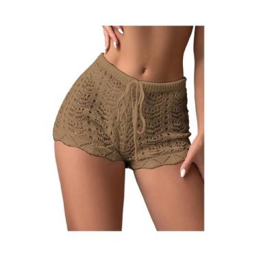 Imagem de Cintura aberta de malha biquíni feminino, calções com cordão oco, poly