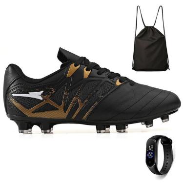 Imagem de Kit Chuteira Futebol Campo Bico de Couro Grama Natural + Mochila + Relogio Adulto-Unissex