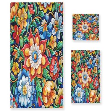 Imagem de xigua Conjunto de toalhas de banheiro de flores coloridas absorvente macio toalha de banho de 3 peças toalha de mão toalhas decorativas para banheiro, academia, hotel, praia, piscina