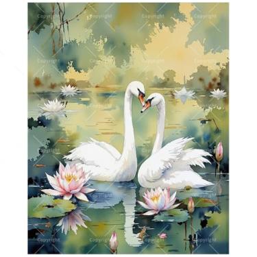 Imagem de Kit de pintura de pássaros elegantes por números para adultos – faça você mesmo dois cisnes brancos com pintura de lótus rosa em tela 41 x 50 cm, conjunto de tinta acrílica, adequado para iniciantes