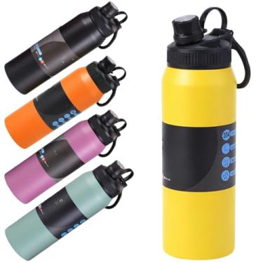 Imagem de Garrafa Térmica Água 800ml Aço Inox Parede Dupla a Vácuo Tampa Esportiva Antivazamento com Alça Acabamento Fosco Academia Escola Dia a Dia (Amarelo)