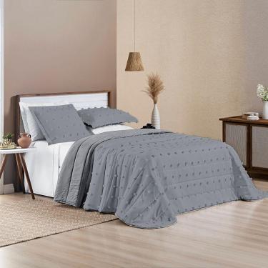 Imagem de Cobre Leito Colcha King Pompom 3 Peças Cinza- 100% Poliéster