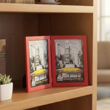 Imagem de Porta Retrato Duplo Vertical 15x21 Moldura de Madeira Vermelho com Vidro