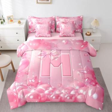 Imagem de Feelyou Conjunto de edredom com laço rosa fofo, tamanho solteiro, 7 peças, kawaii, com laço kawaii, para crianças, meninos, meninas, cama personalizada em uma bolsa com edredom, lençóis, fronhas