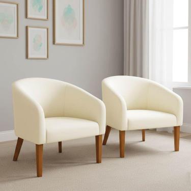 Imagem de Poltrona Sala Decorativa Kit 2 Stella Pé Madeira Trapézio Castanho Suede D03 - D'rossi Bege