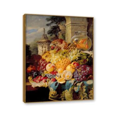 Imagem de NHLDZYH Moldura de Teca. Arte de parede vintage - natureza morta com frutas - quadro de tela de estilo clássico - pintura de natureza morta com moldura decorativa. D36. 40 x 50 cm.