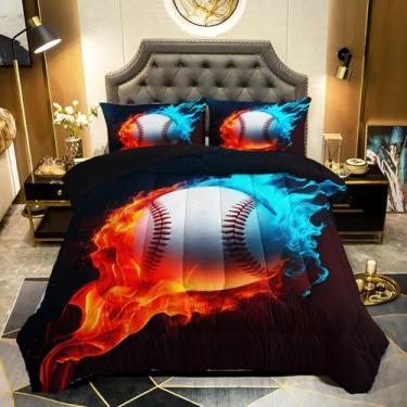 Imagem de QOOMO Conjunto de edredom completo de beisebol, fogo e água, 3 peças, para adolescentes, meninos e meninas, estampa esportiva 3D com 2 fronhas, alternativa, macio e leve