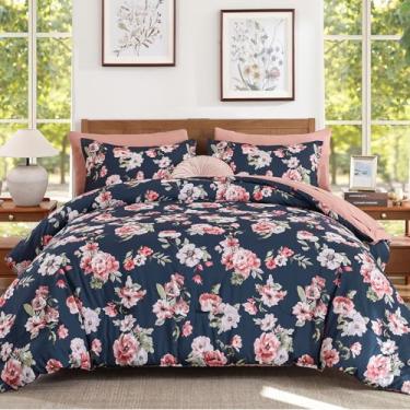 Imagem de Dinjoy Conjunto de edredom floral, Queen, 7 peças, azul marinho e rosa, com lençol elegante, em uma bolsa com flores botânicas, edredom leve azul escuro, decoração moderna para todas as estações