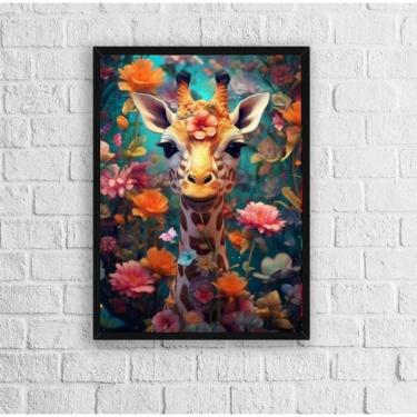 Imagem de Quadro Decorativo Girafa Flores 33x24cm Madeira Preta