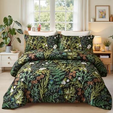Imagem de keensoft Conjunto de edredom Queen com 3 peças, botânico, 1 edredom macio com flores verdes (228 x 228 cm) e 2 fronhas (51 x 66 cm) e conforto ultramacio adequado para todas as estações