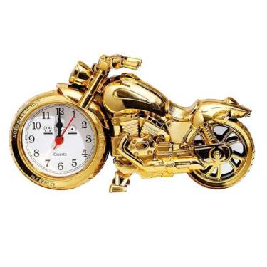 Imagem de Despertador em forma de motocicleta com acabamento dourado com movimen