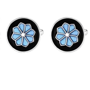 Imagem de Cufflinks, esmalte floral azul para homens, design redondo com prata -