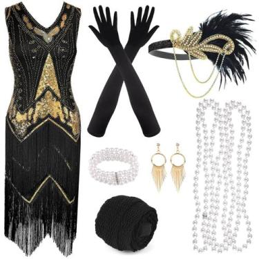 Imagem de Vestido Flapper PLULON de lantejoulas com franjas da década de 1920 co
