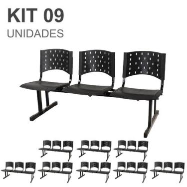 Imagem de Kit 09 Cadeiras longarinas PLÁSTICAS 03 Lugares para recepção Cor PRET