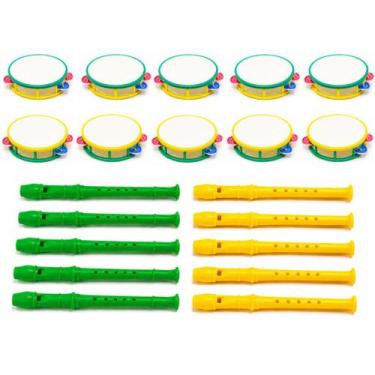 Imagem de Kit 10 Pandeiro 10 Flauta Infantil Brasil Festa Copa Criança Musical L