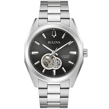 Imagem de Bulova Relógio masculino clássico Surveyor automático com 3 ponteiros, recurso de corte, ponteiro luminoso, abertura aberta, caixa rosqueada, 42 mm, Mostrador preto e inoxidável, Casual